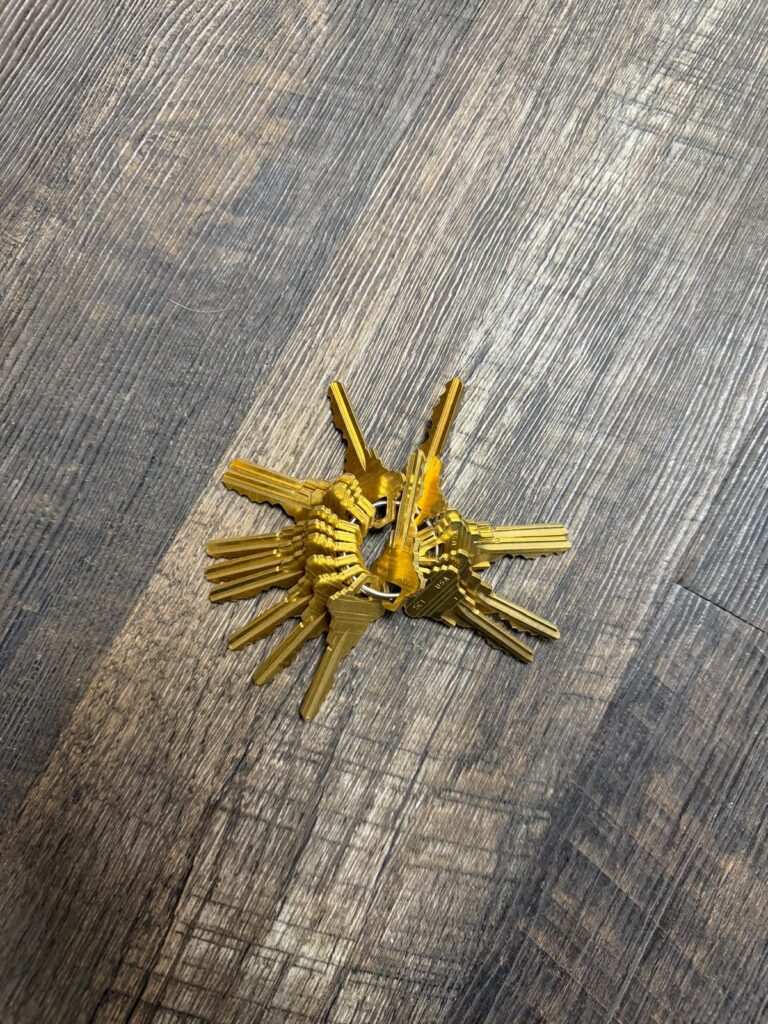 Ring of brass Schlage SC1 key blanks ready to be cut for a rekey job